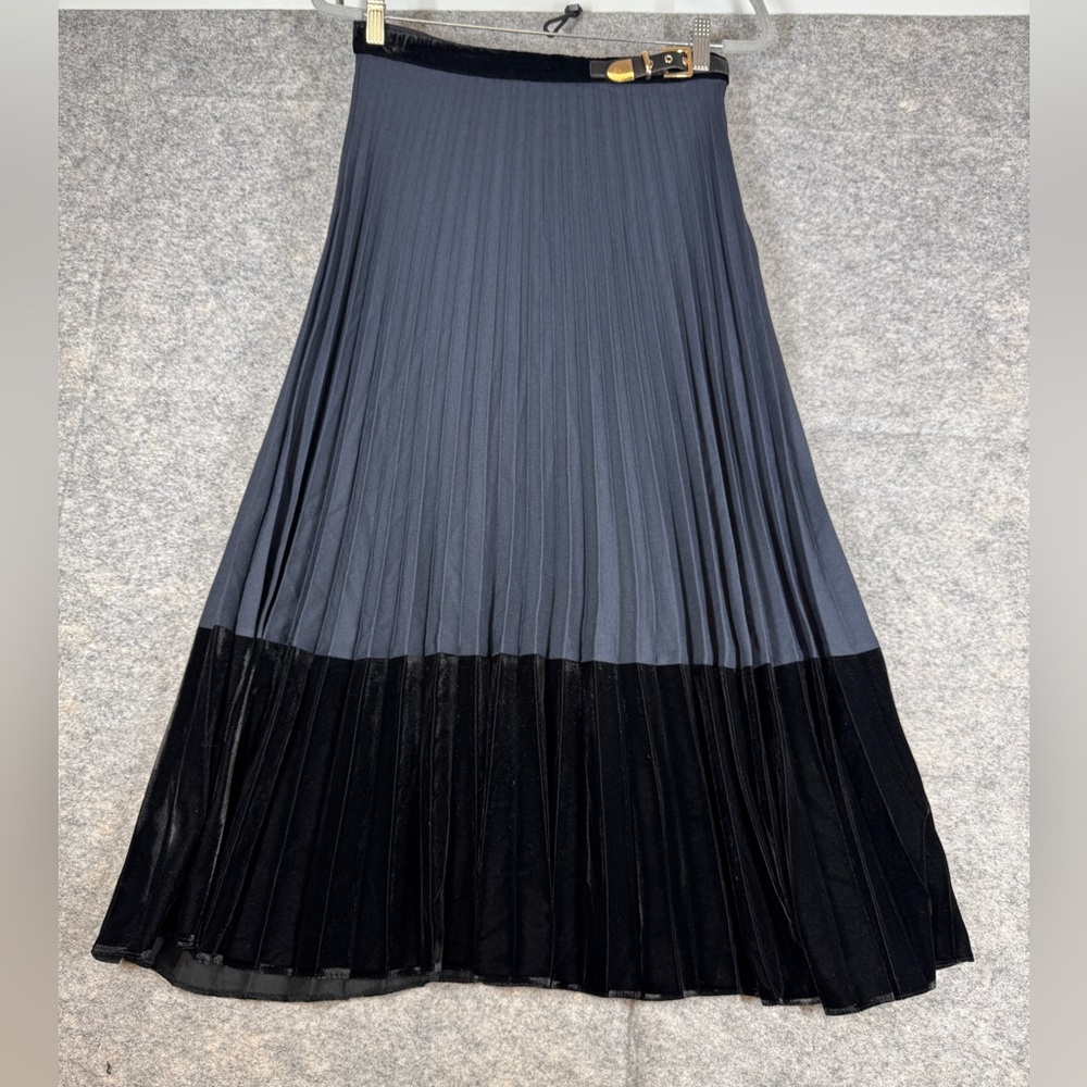 Sandro Pleated Two-Tone Maxi Skirt Size 3 Velvet Trim Quiet Luxury Belted Chic - Picture 3 of 14
